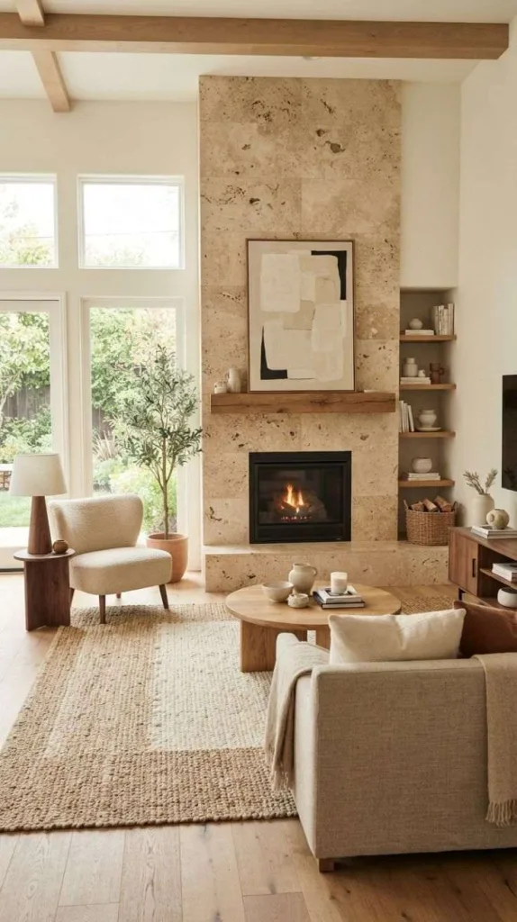 9+ Japandi Fireplace for Cozy Living Rooms 4 Travertine Fireplace Surround Design
