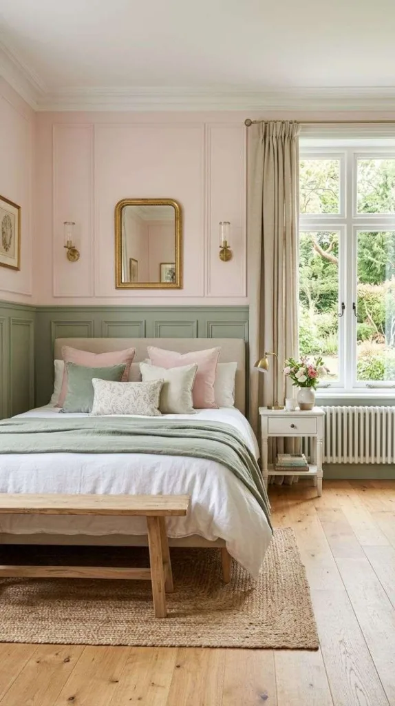 These Pink and Green Bedrooms Designs That Never Go Out of Style 11 Two-Tone Paneled Walls