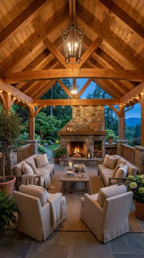 Covered Patio Ideas With Fireplace for Cozy Nights 6 Vaulted Timber Patio Retreat