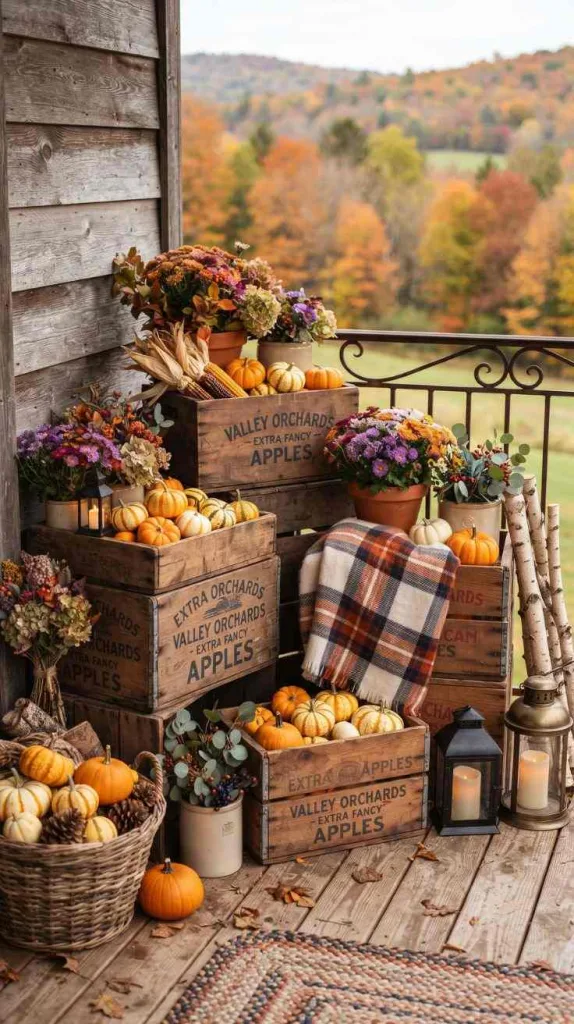 The Cozy Autumn Balcony Decor Everyone's Saving This Season 3 Vintage Apple Crate Display