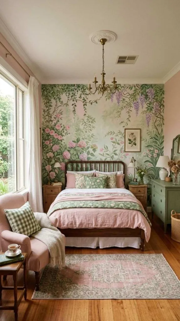 These Pink and Green Bedrooms Designs That Never Go Out of Style 3 Vintage Garden Wall Mural
