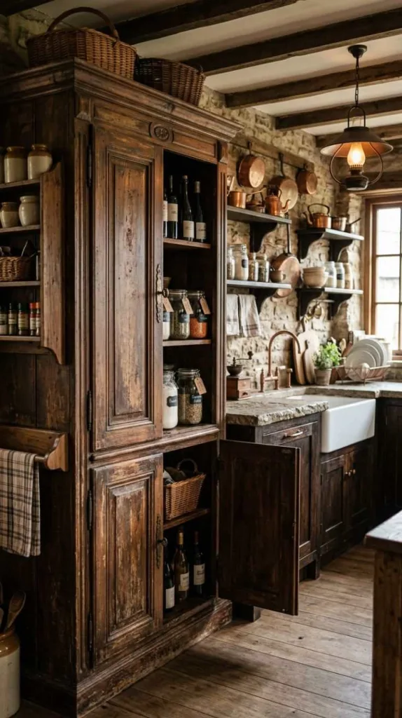 Dark Rustic Kitchen Ideas for Timeless Charm 12 Vintage Pantry Cabinet Display