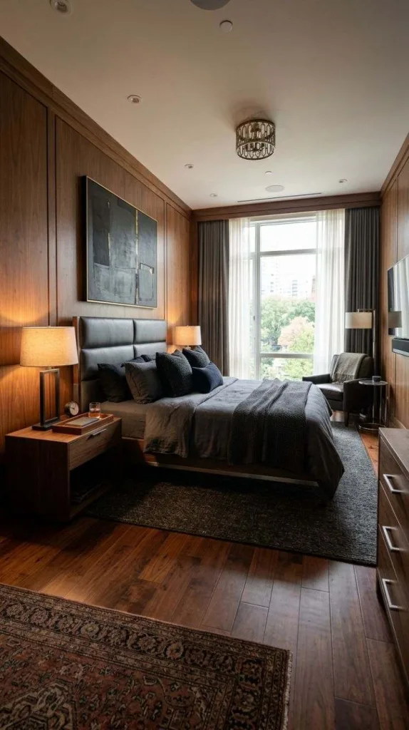 These Masculine Bedroom That Feels Like a Five-Star Suite 7 Walnut Panel Bedroom
