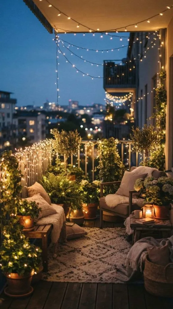 Create an Aesthetic Balcony Decor You'll Never 8 Warm Fairy Light Ambiance