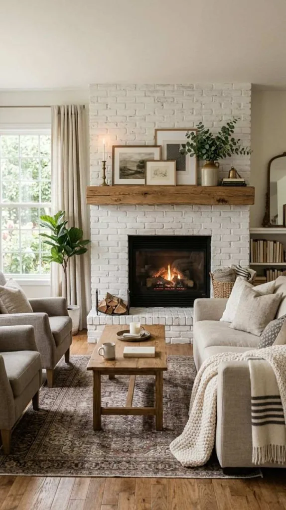 Whitewashed Brick Fireplace